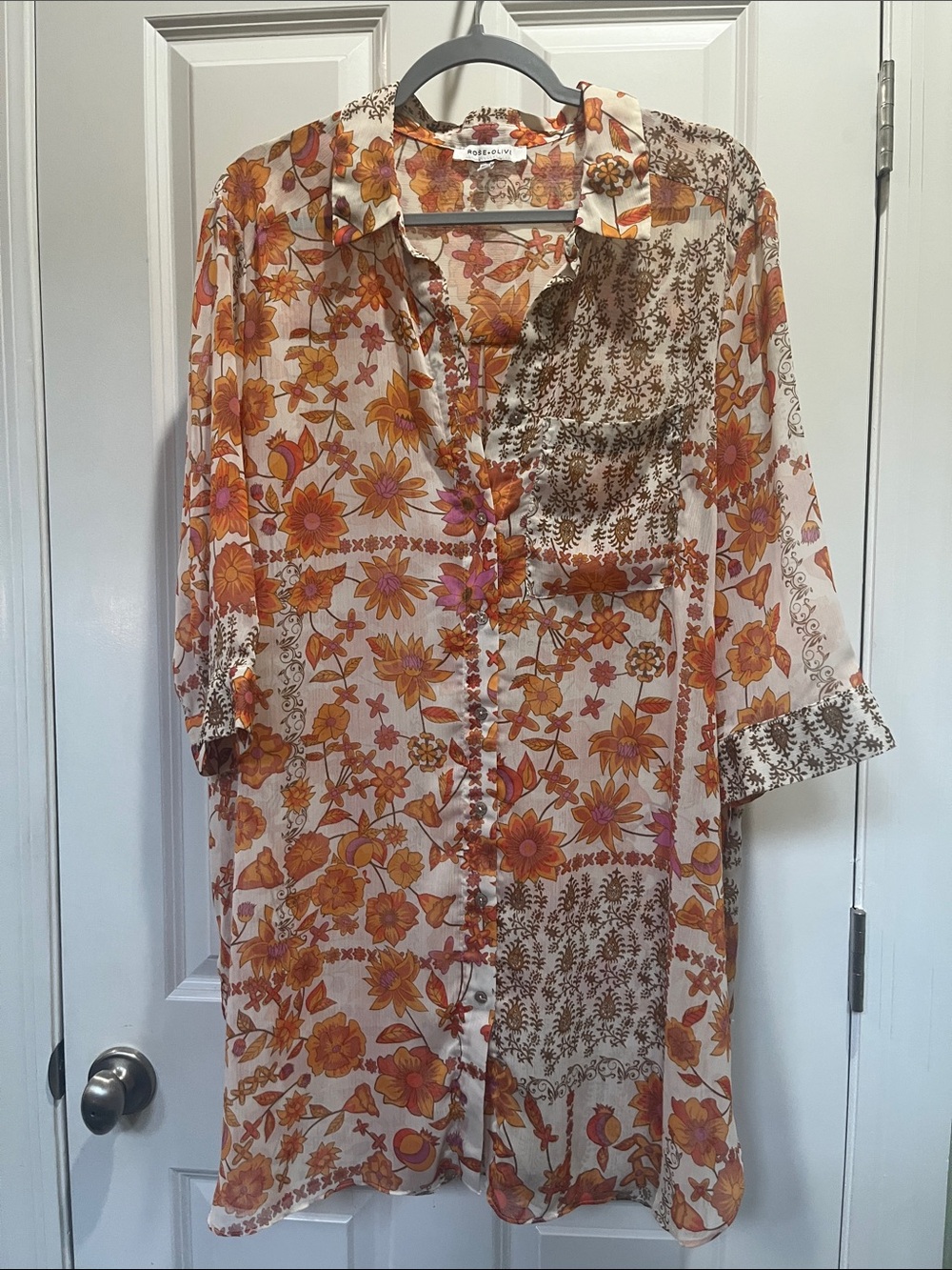 Rose & Olive Orange Floral Sheer Button-Up Tunic